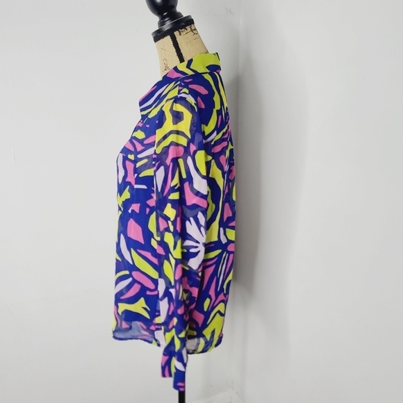Neon Colorful Geometric Liz Claiborne Blouse Medium Career Semi Sheer - Picture 2 of 14